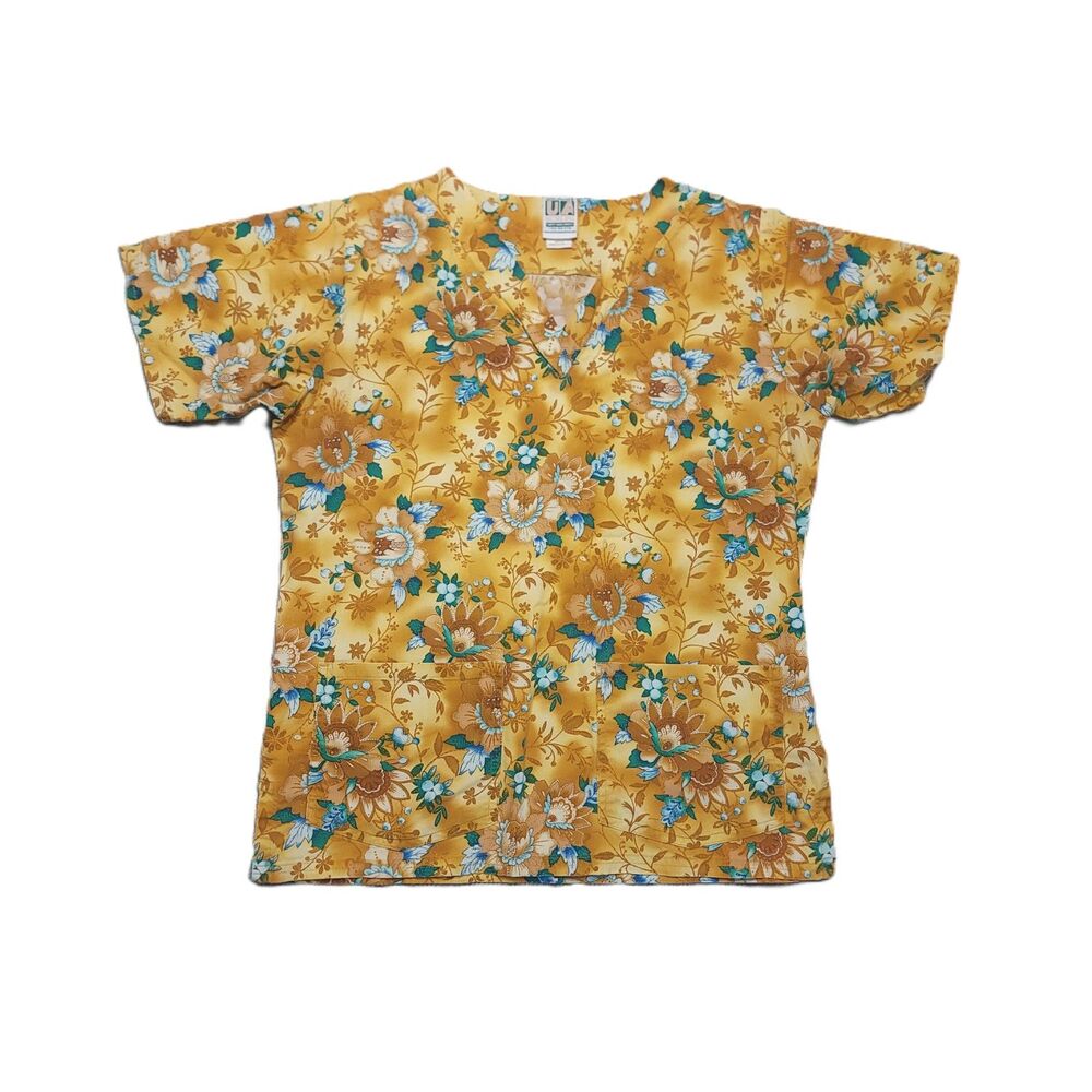 Uniform Advantage Scrub Top Womens S Yellow Floral Short Sleeve V Neck Pockets
